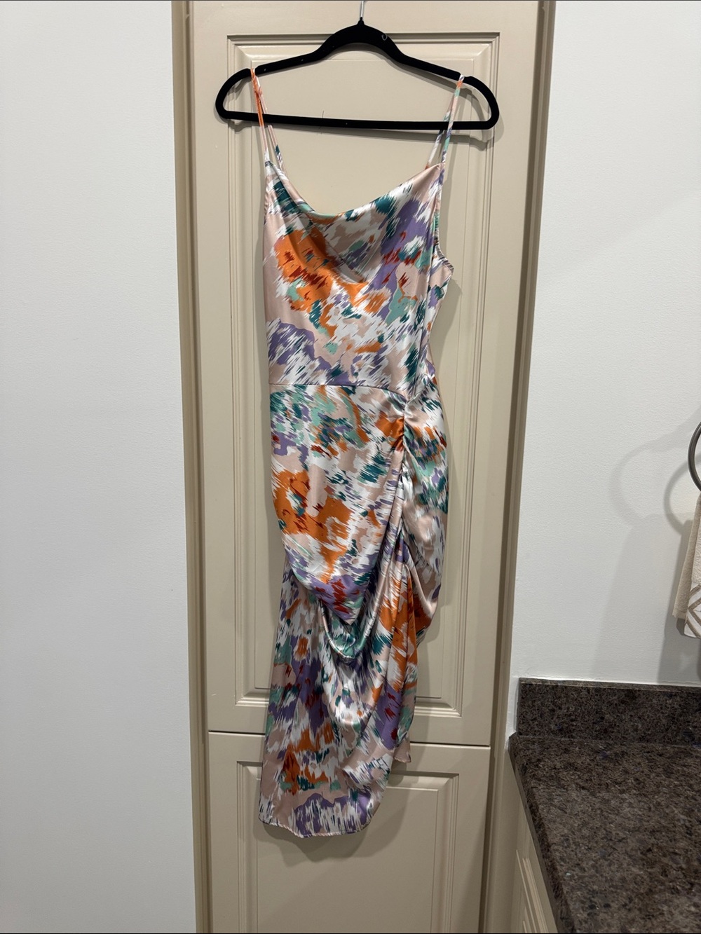 Cider One-Shoulder Satin Dress in Cream with Orange, Teal & Purple Print